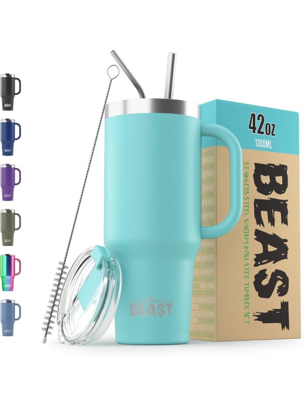 42 oz Insulated Tumbler with Handle | Stainless Steel Travel Flask - Aquamarine